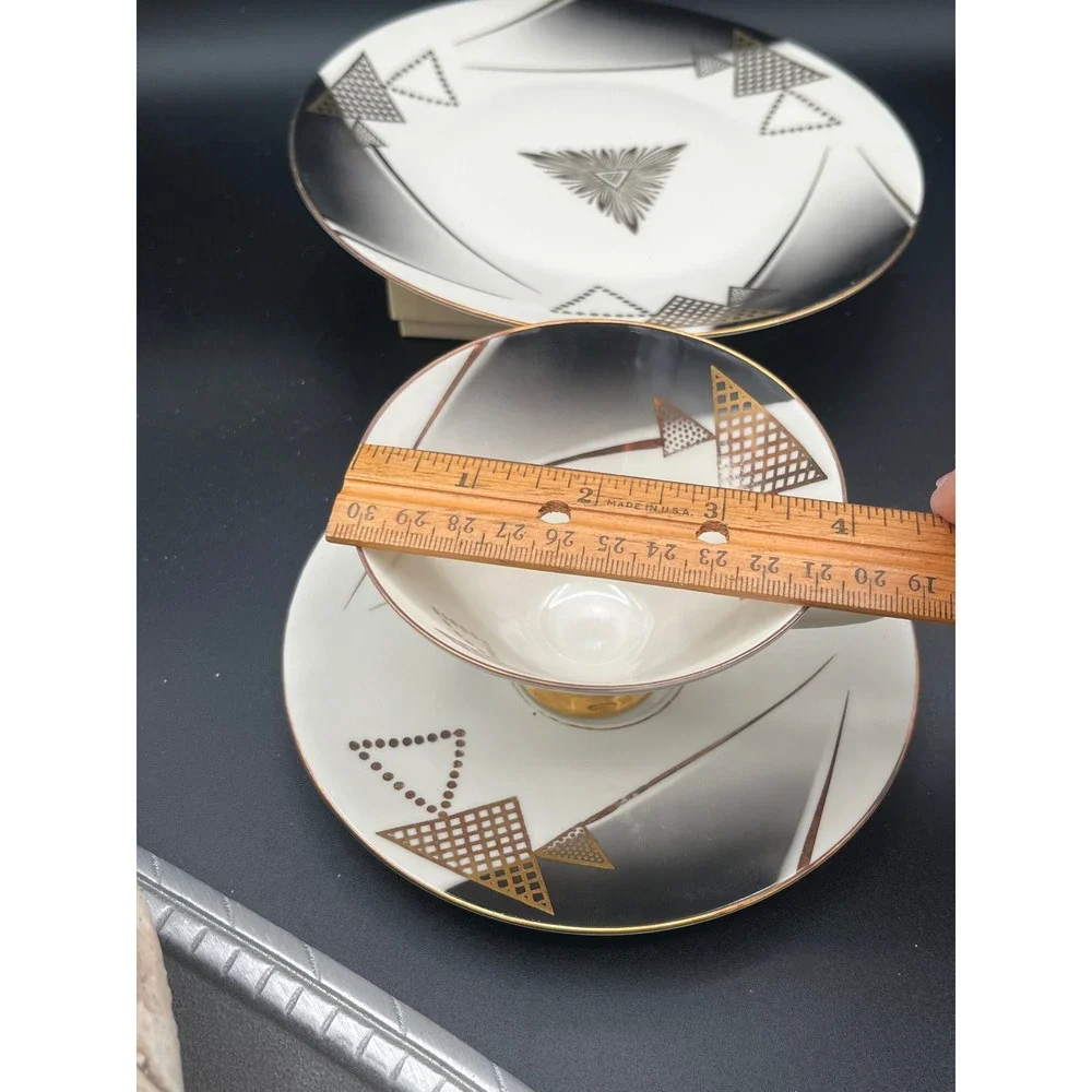 Seltmann Vohenstrauss Bavaria Porcelain Tea cup Set Trio Gold Geometric 3305 MCM